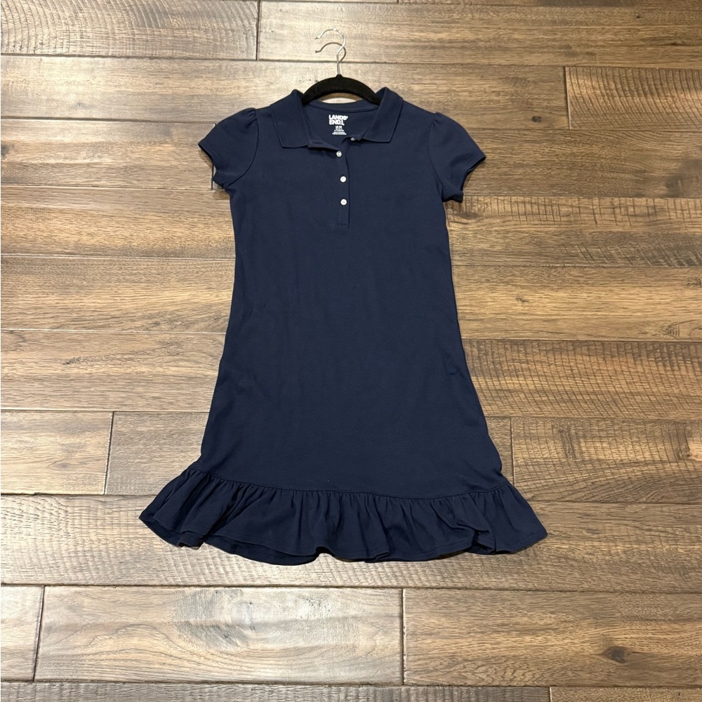 Lands’ End Girls’ Navy Polo Dress with Ruffle Hem, Size 8